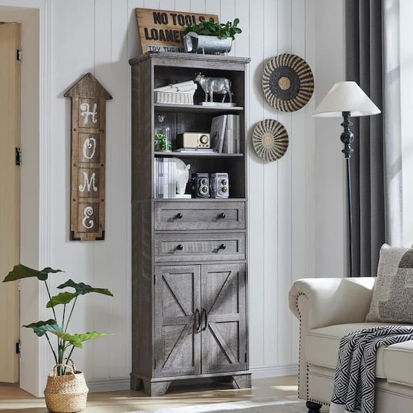 Grey 72 in. H Storage Cabinet for Living Room, Bathroom & Kitchen with 3-Adjustable Shelves and Barn Doors
