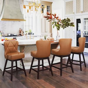 Zola 26 in. Whiskey Brown Wood Frame Faux Leather Upholstered Swivel Bar Stool (Set of 4)