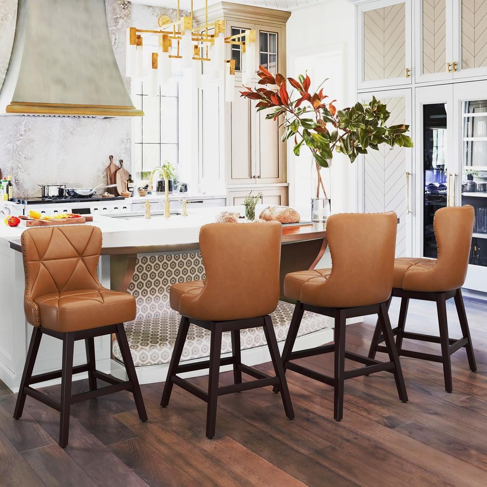 Zola 26 in. Whiskey Brown Wood Frame Faux Leather Upholstered Swivel Bar Stool (Set of 4)