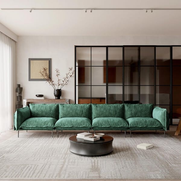 Modern 147 in. 4-Seater Tapered Arm Velvet Deep Seat Cloud Sofa with High Metal Legs for Robot Vacuum in Green