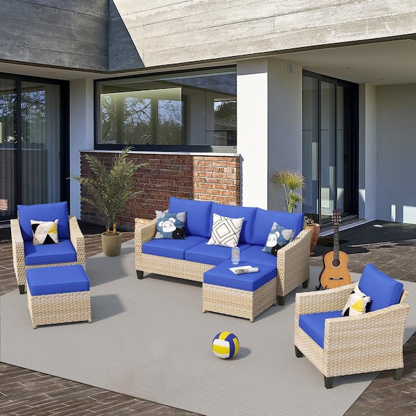 Toject Barkley Beige 5-Piece Outdoor Patio Conversation Sofa Seating Set with Navy Blue Cushions