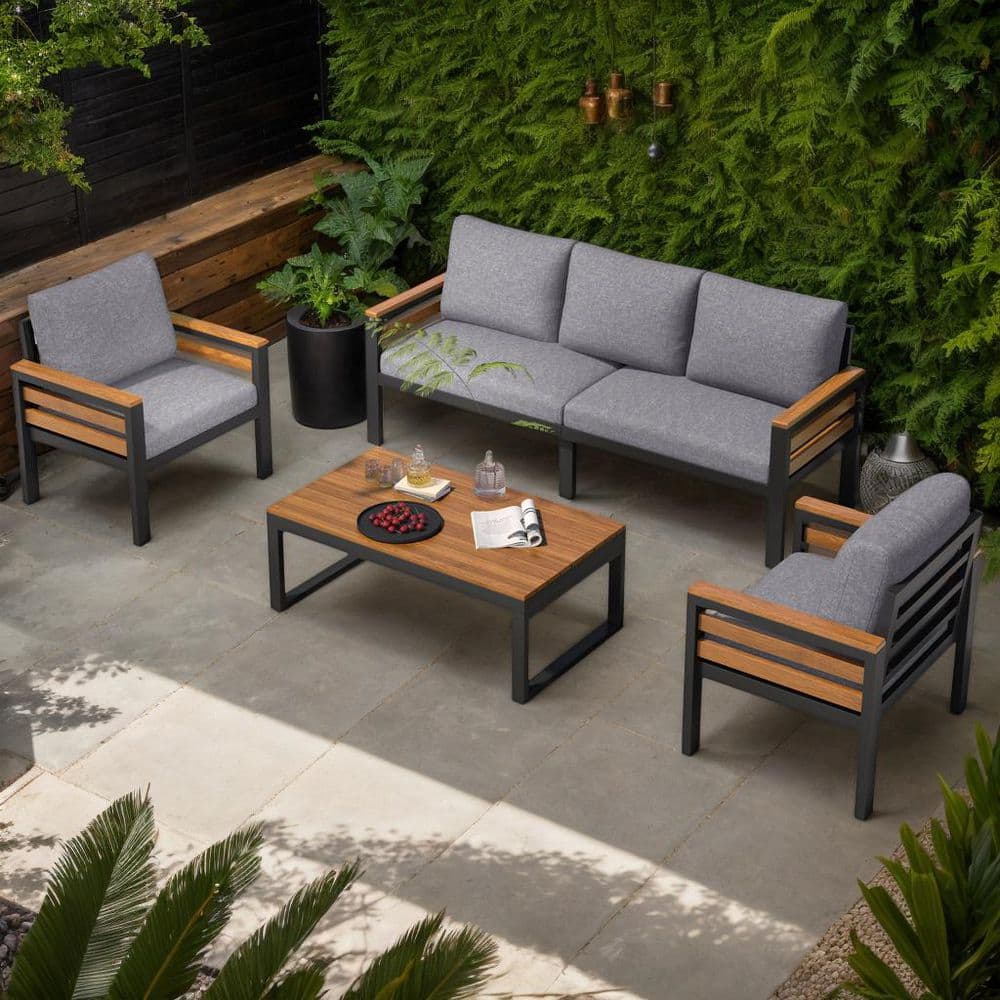 Gray 4-Piece Acacia Wood Outdoor Patio Conversation Set with Removable Cushion and Coffee Table price history on PriceWatchPro