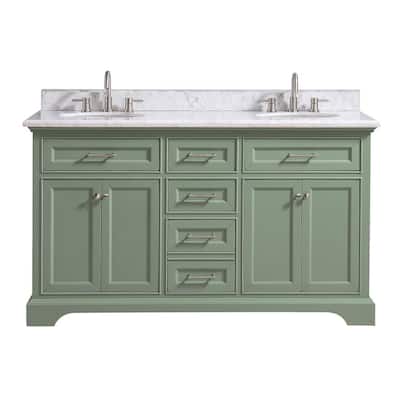 Windlowe 61 in. W x 22 in. D x 35 in. H Bath Vanity in Green with Carrera Marble Vanity Top in White with White Sink