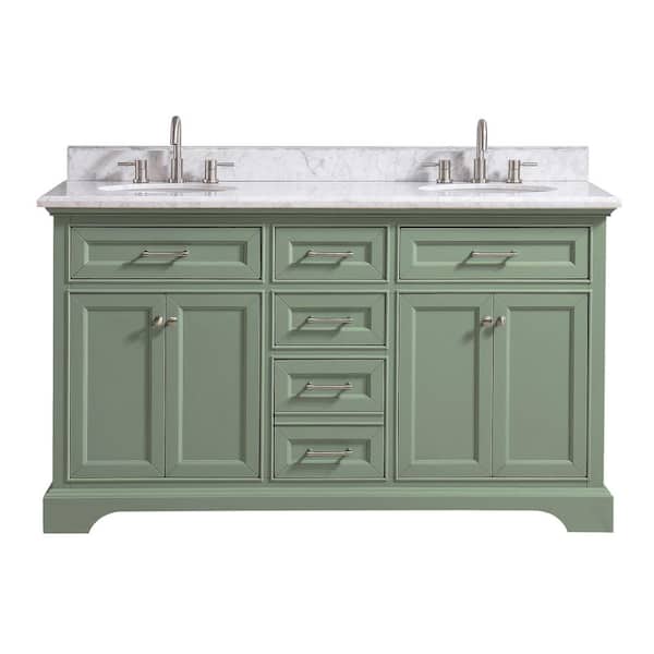 Windlowe 61 in. Double Sink Green Bath Vanity with White Carrara Marble Top (Assembled)
