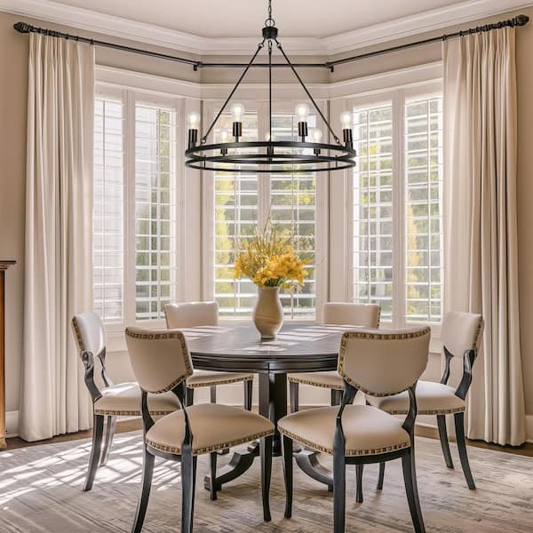 Modern 9-Light Matte Black Island Wagon Wheel Chandelier Industrial Round High Ceiling Light for Kitchen, Living Room