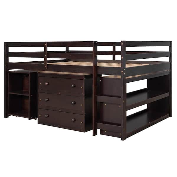 Low Study Full Loft Bed with Cabinet, Shelves and Rolling Portable Desk, Multiple Functions Bed-Espresso