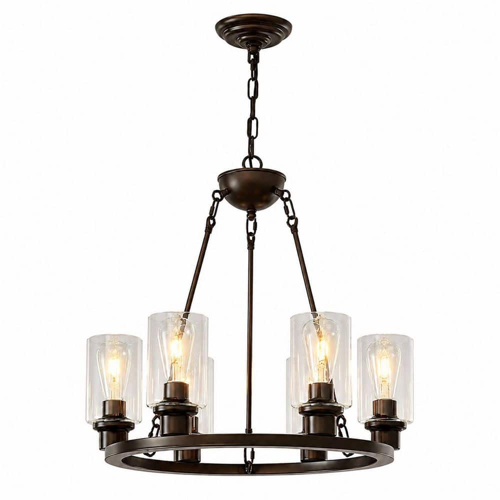 23.6 in. 6-Light Brown Wagon Wheel Chandelier with Clear Seeded Glass Shade Adjustable Height (Bulbs Not Included) price history on PriceWatchPro