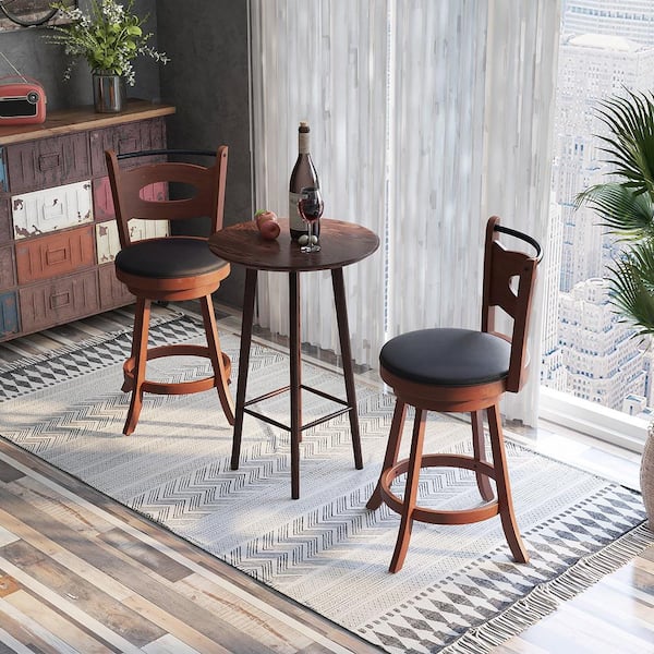 24 in. Brown High Back Rubber Wood Counter Stool with Leather Padded Seat 2 Set of Included