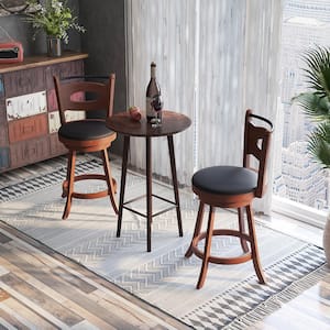 24 in. Brown High Back Rubber Wood Counter Stool with Leather Padded Seat 2 Set of Included