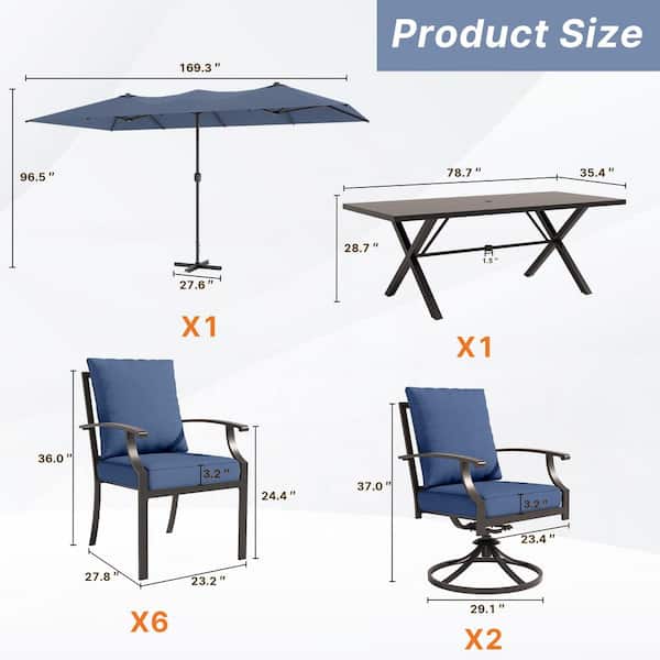 10-Piece Metal Patio Outdoor Dining Set w/ Swivel Chairs, Rectangular Table, Double-Sided Umbrella and Navy Blue Cushion
