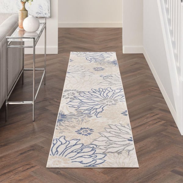 Passion Ivory Grey Blue 2 ft. x 10 ft. Floral Contemporary Runner Area Rug