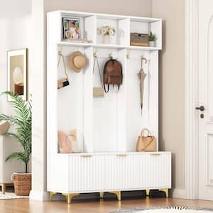 Modern Large Storage Hall Tree with Bench, High Gloss Fluted Doors, 6-Gold Hooks and Legs, White/Gold