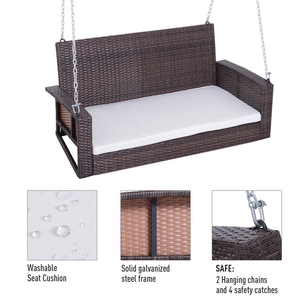 Brown Wicker 2-Person Outdoor Hanging Swing Bench with Cushions