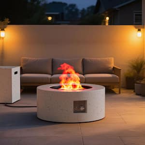 Outdoor Fire Pit Table Gas Fire Pits, 30 in. Round Firepit Table, 50,000 BTU Fire Table for Patio, White with Black Dots