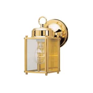 1-Light Polished Brass on Solid Brass Steel Exterior Wall Lantern with Clear Glass Panels