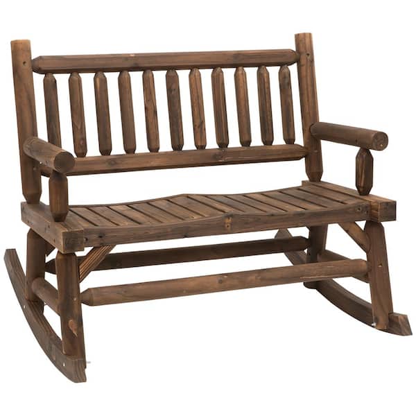 Oyezvary Classic Log Design 2-Person Solid Fir Wood Outdoor Rocking Chair with Comfortable Backrest and Slat Wide Curved Seats