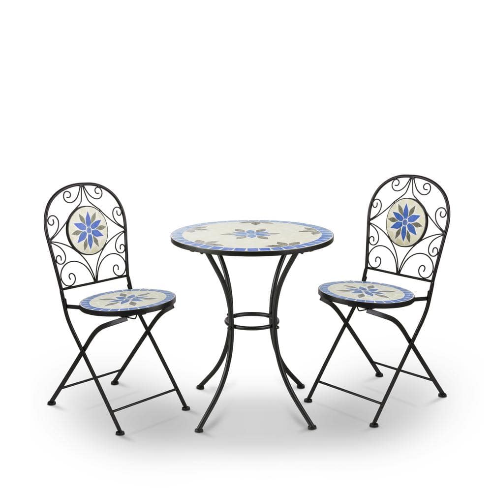 Blue and Beige Ceramic Mosaic Bistro Set with Steel Frame