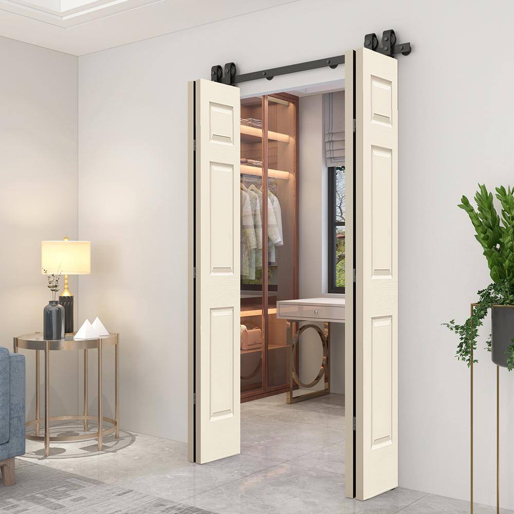 60-in x 84-in Beige MDF Double Bifold Barn Door with Black Hardware