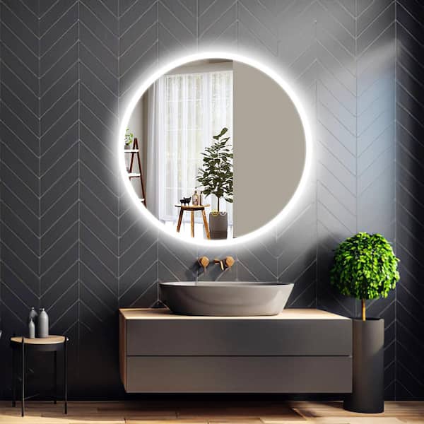 HBEZON Sirens 30 in. W x 30 in. H Medium Round Frameless LED Dimmable Anti-Fog Wall Mount Bathroom Vanity Mirror in Silver