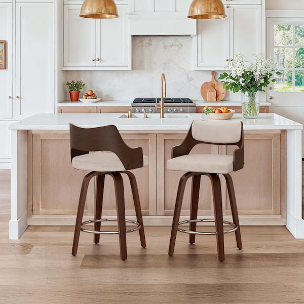 Gaspa 26 in. Tan Premium Faux Leather Swivel Bar Stool with Solid Walnut Wood Frame and Open Back Support Set of 2