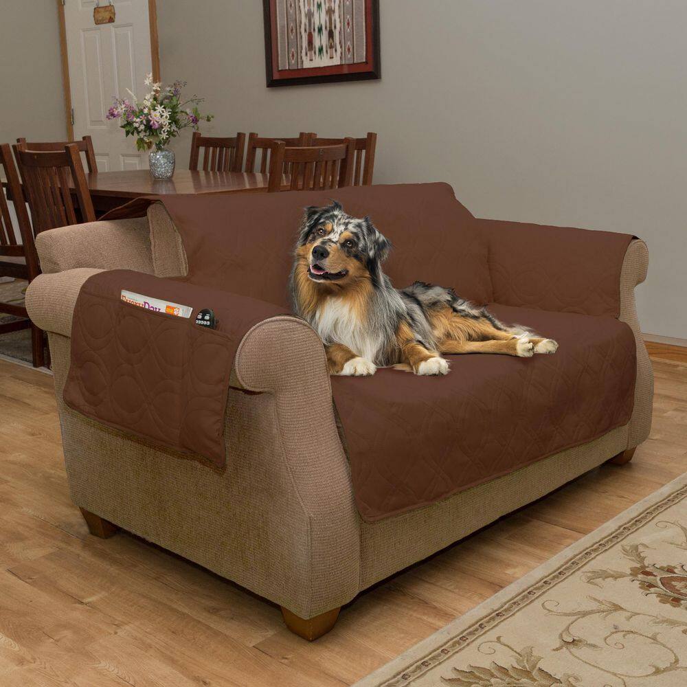 Brown Quilted Waterproof Pet Loveseat Cover with Pockets