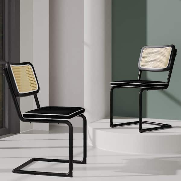 Sudzendf Metal Outdoor Dining Chair with Black Cushions, Velvet Rattan Dining Room Chairs with Metal Chrome Legs (2-Pack)