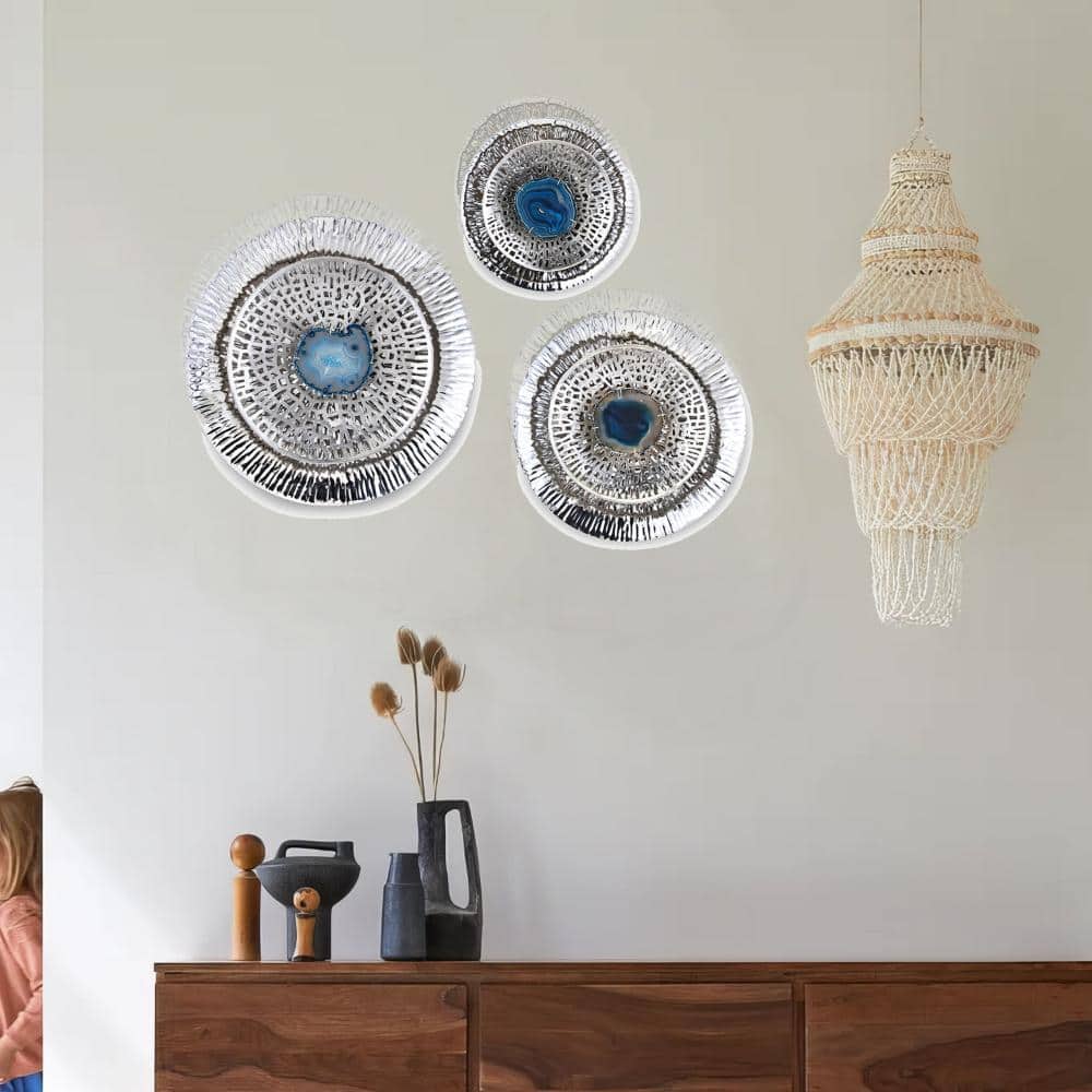 Silver and Blue Agate Textured Wall Art Discs Set