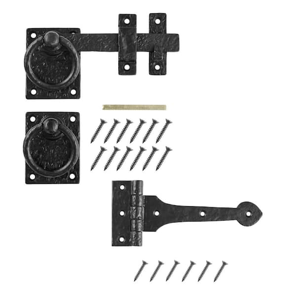 Everbilt 10 in. Matte Black Ring Latch Gate Set with 8 in. Tee Hinge