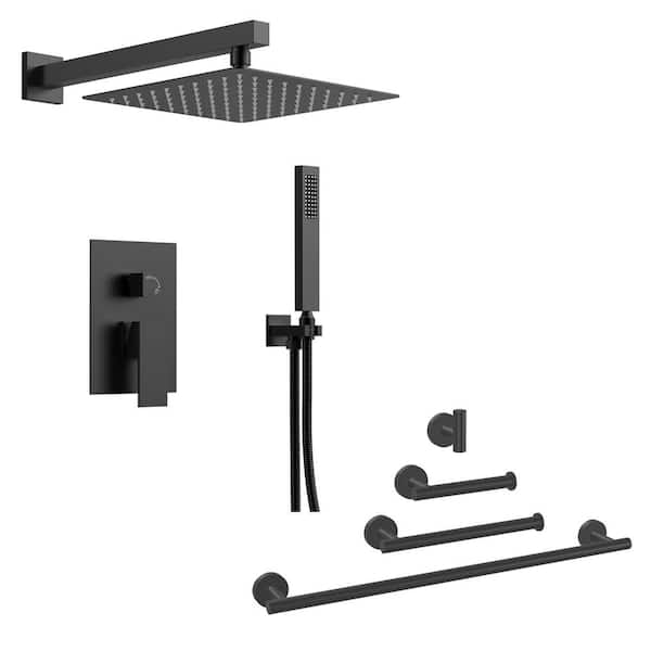 EVERSTEIN Single-Handle 2-Spray Square 10 in. Dual Shower Head Fixed and Handheld Shower Head with Towel Rack in Matte Black