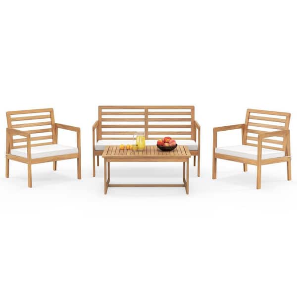 4-Piece Acacia Wood Patio Conversation Set with Off White Cushions