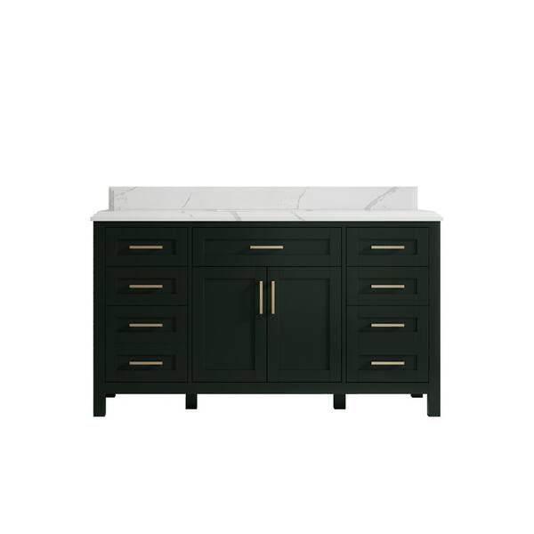 Willow Collections Cambridge 60 in. W x 22 in. D x 36 in. H Single Sink Bath Vanity in Dark Green with Cove Edge Calacatta Quartz Top
