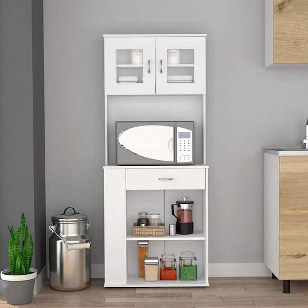 Angeles Home 69 1/4 in. H White Kitchen Pantry Dining Hutch Storage Cabinet with Microwave Stand and Adjustable Open Shelves