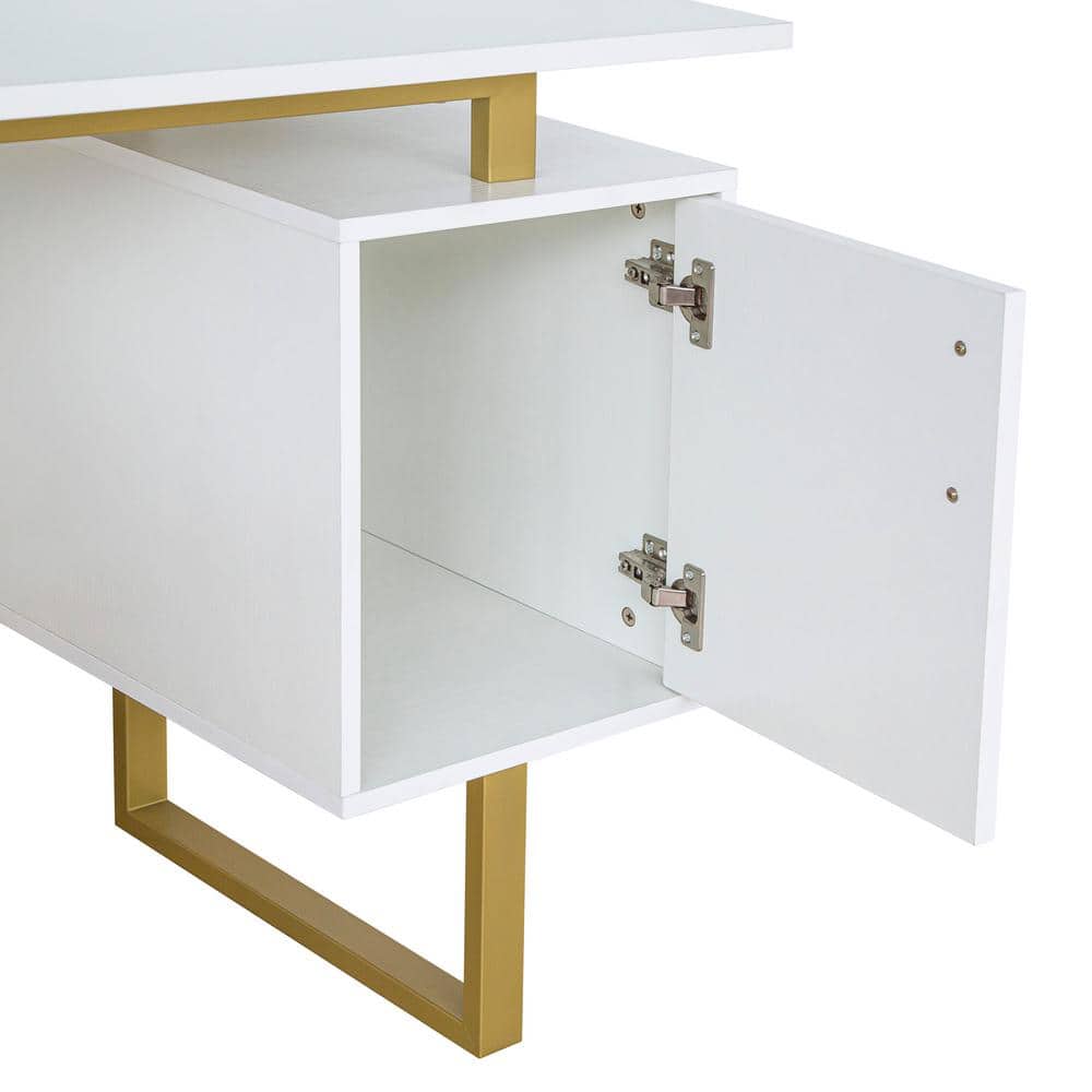 White and Gold Modern Writing Desk with Storage Drawers