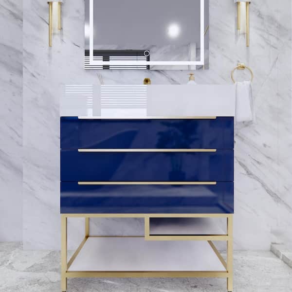 Bethany 30 in. W x 20 in. D x 36 in. H Single Sink Freestanding Bath Vanity in Gloss Night Blue with White Acrylic Top