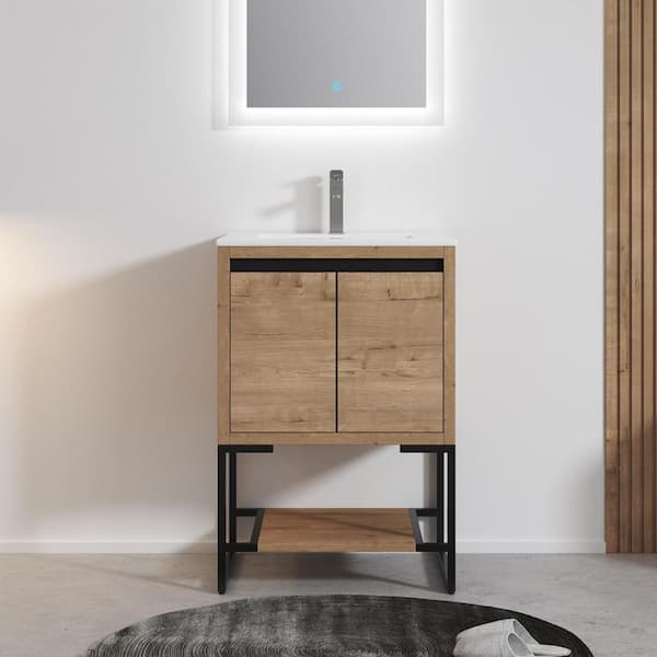 FUNKOL 24 in. W Modern Elegant Freestanding Bathroom Vanity with Resin Sink, 2 Soft-Close Doors and Open Shelf in Wooden