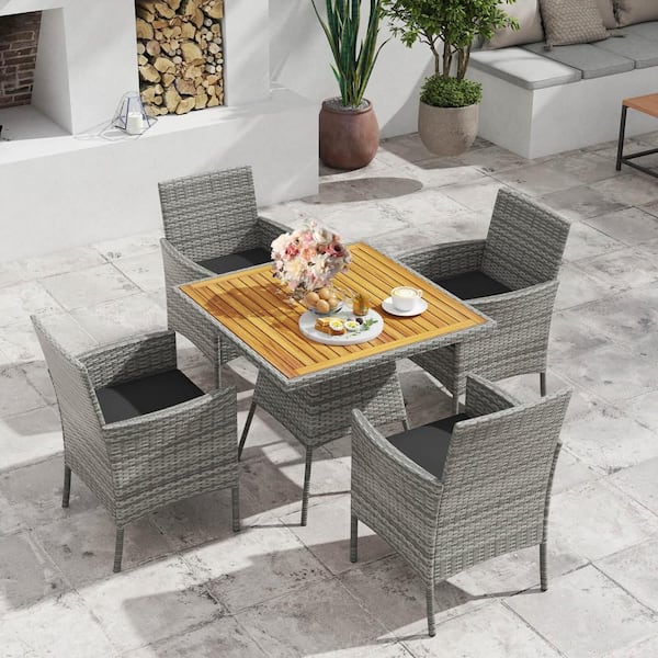 Costway 5-Piece PE Wicker Outdoor Dining Set with Cushions and 1.97 in. Umbrella Hole