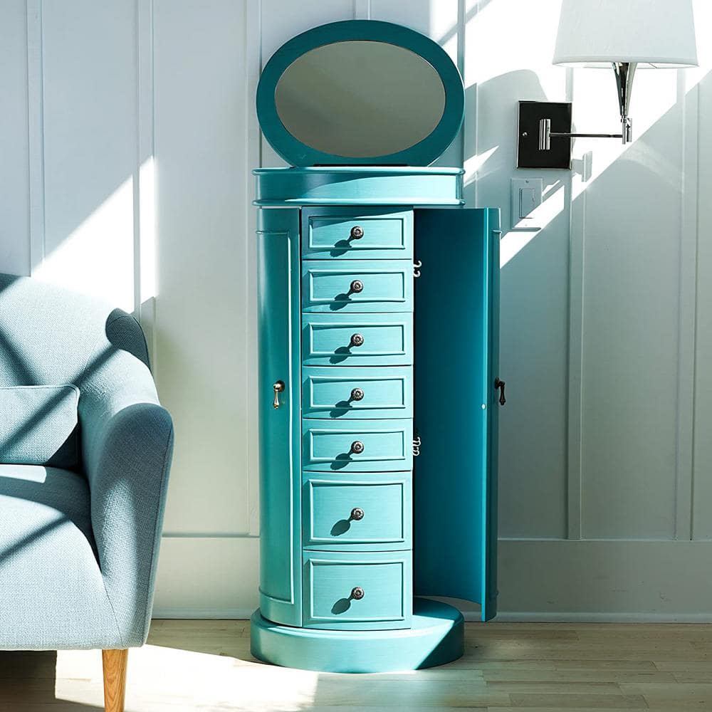 Turquoise Wood Free Standing Jewelry Armoire with Mirror