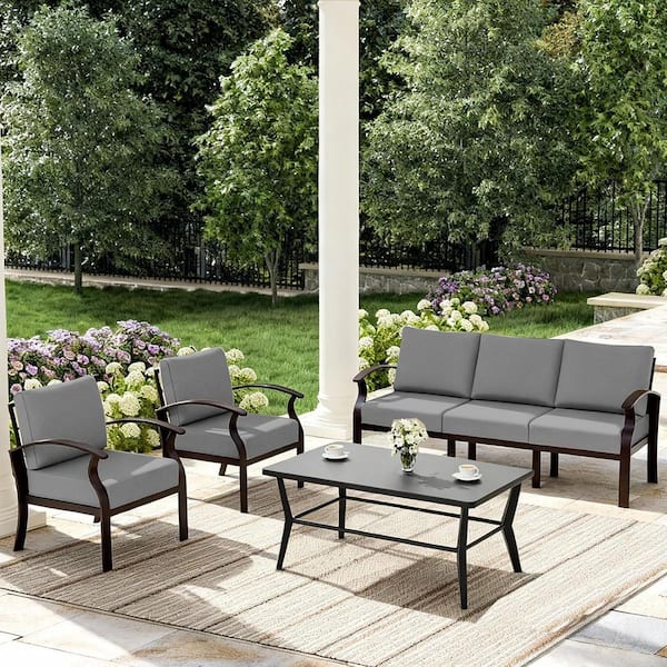 4-Piece Patio Aluminum Conversation Set with Rectangular Table and Gray Cushions, All-Weather Resistant