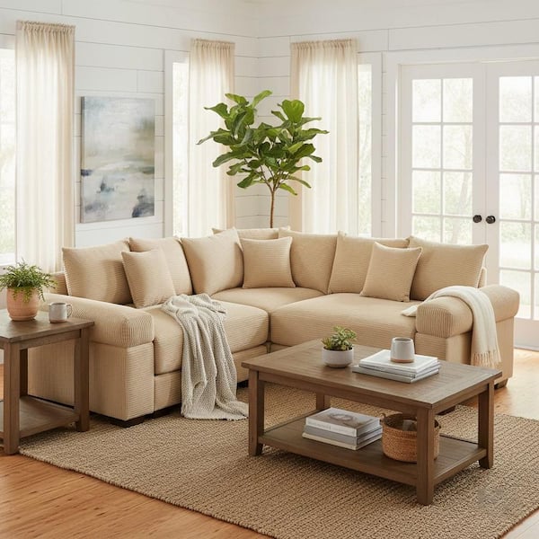 BWDRBR 79.1 in. Straight Arm 3-Piece Corduroy Modular Sectional Sofa wite Ergonomic Design in Soft Ivory