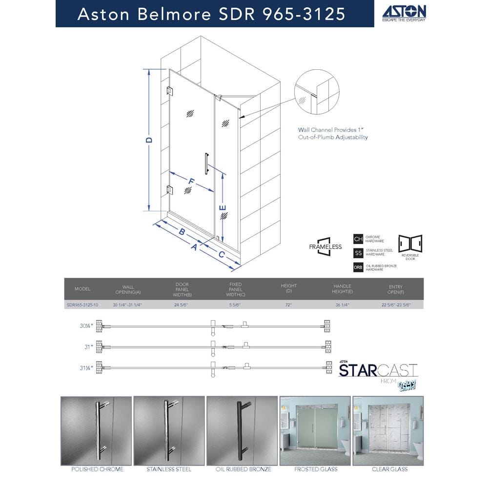 Belmore 31.25 x 72 Frosted Glass Frameless Hinged Shower Door in Chrome
