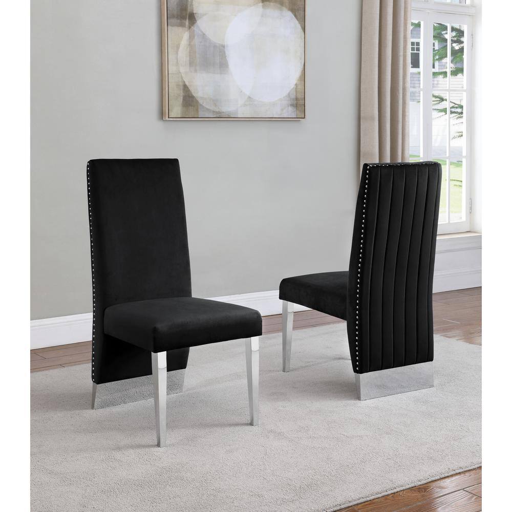 Black Velvet Tufted Side Chairs with Chrome Legs, Set of 2