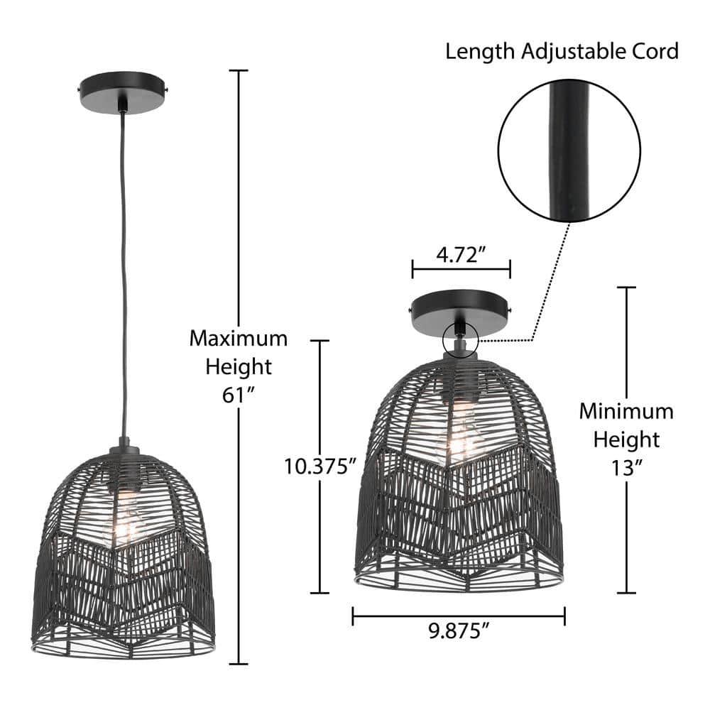 Zola 10'' Adjustable Black Rattan Dome Pendant Light
