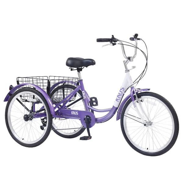 Runesay 24 in. Wheels 7 Speed Cruiser Bicycles Adult Tricycle Trikes3-Wheel Bikes with Large Shopping Basket in Purple