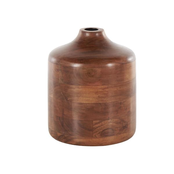 Litton Lane Brown Wood Decorative Vase with Mosaic Strips and Natural Wood Grains