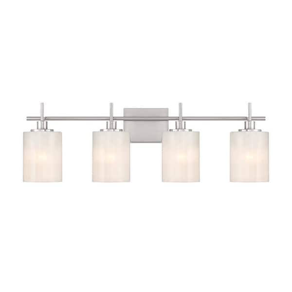 Savoy House Meridian 30.75 in. W x 9.75 in. H 4-Light Brushed Nickel Modern Bathroom Vanity Light with White Stire Glass Shades
