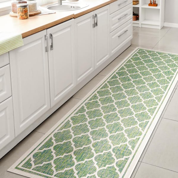 Trebol Moroccan Cream/Green 2 ft. x 10 ft. Trellis Textured Weave Indoor/Outdoor Area Rug