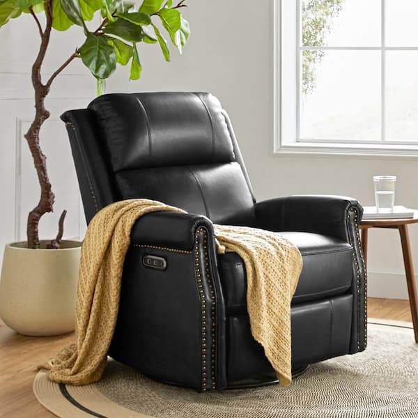 Jayden Creation Joseph Black Genuine Leather Swivel Rocking Manual Recliner with Straight Tufted Back Cushion and Curved Mood Arms