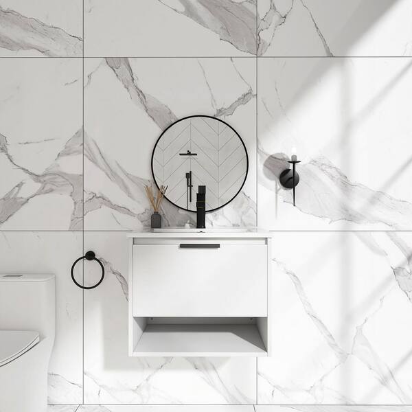 FUNKOL 24 in. W x 18 in. D x 20 in. H Bath Vanity in White with White Ceramics Top