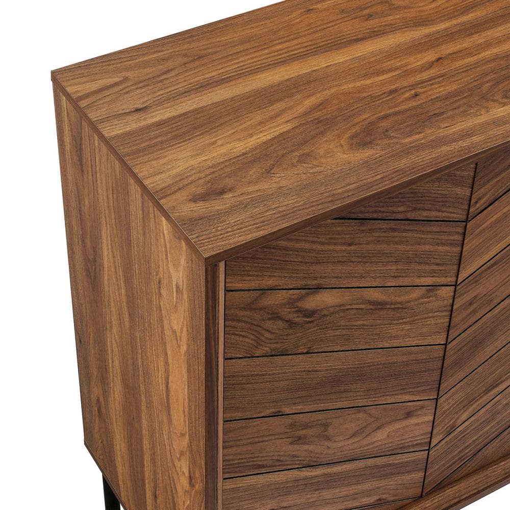 Walnut Chevron Pattern Modern Sideboard with Metal Legs