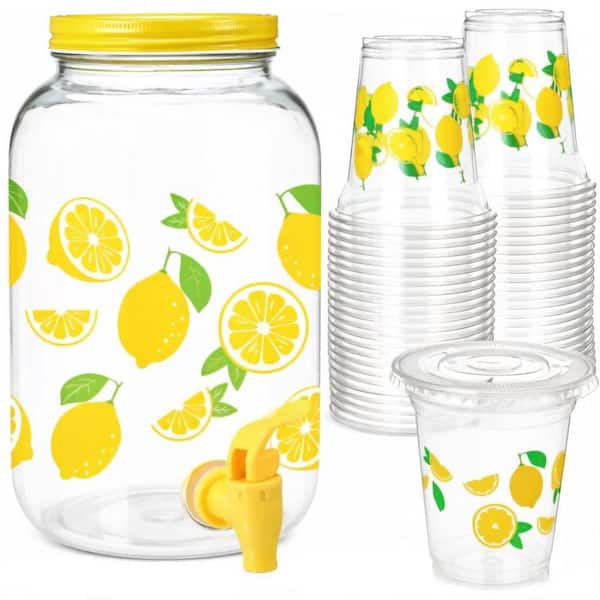 1 Gal. Glass Lemon Water Dispenser with 100 Pcs Disposable Plastic Cups with Lids and Straws for Party Juice Tea Beer